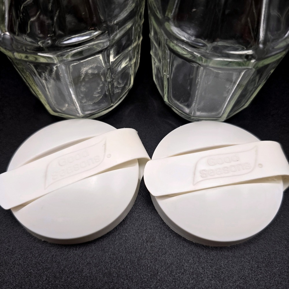 Vintage Good Seasons Glass Salad Dressing Cruet Set of 2 White Flip Top Lids - Picture 12 of 16